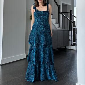 Mestiza New York Cataleya Lace Midi Blue Floral velvet Dress Sample